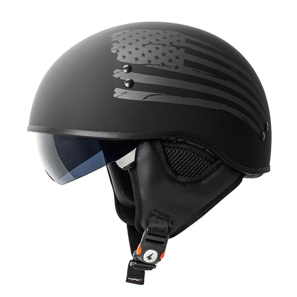 TOR T-59 Half Shell Motorcycle Helmet Gloss Black Matte / Flag / Small|TORC TOR T-59 Half Shell Motorcycle Helmet Gloss Black Matte / Flag / Small|TORC