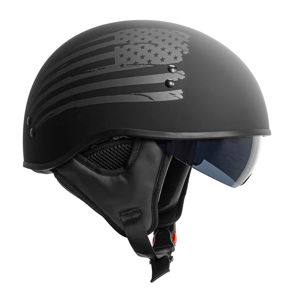 TOR T-59 Half Shell Motorcycle Helmet Gloss Black Matte / Flag / Small|TORC TOR T-59 Half Shell Motorcycle Helmet Gloss Black Matte / Flag / Small|TORC